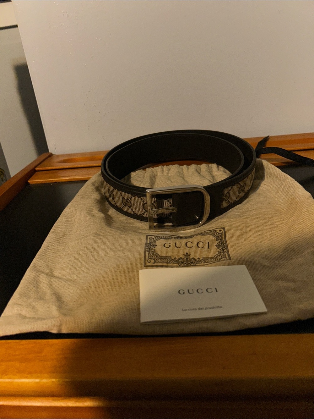 Gucci Brown GG Canvas Belt with Black Leather Trim and Silver Buckle NEVER WORN
